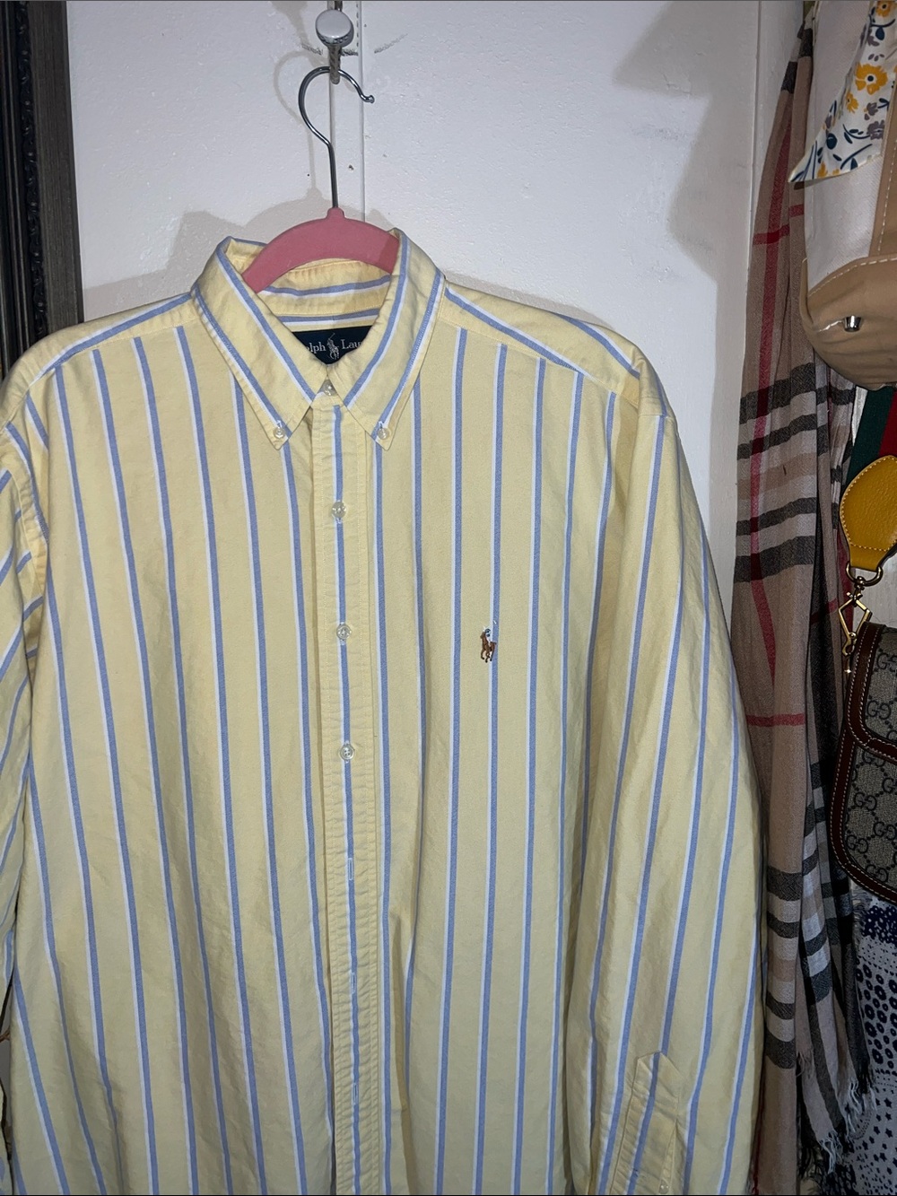 Ralph Lauren Pale Yellow Button-Down Shirt with Blue Stripes